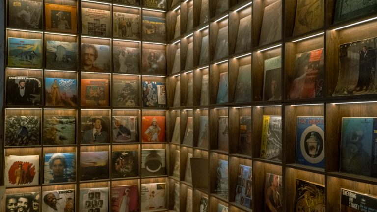 A wall of neatly arranged vintage vinyl records displayed on lit wooden shelves.